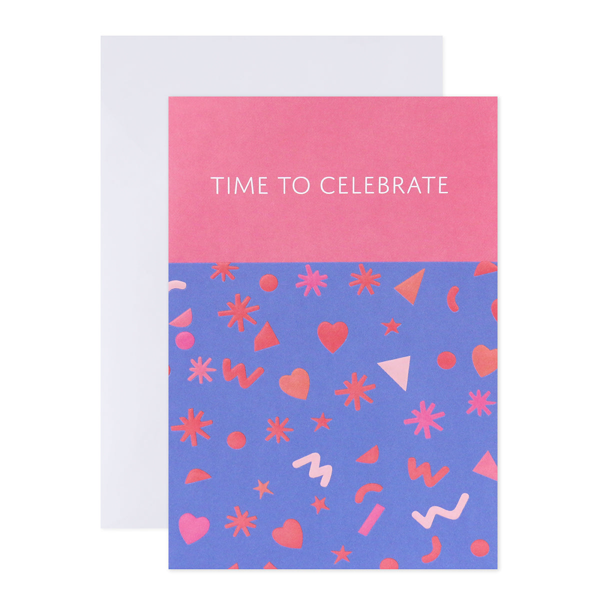 Connections from Hallmark Birthday Card - Time To Celebrate featuring colourful patterns of hearts, stars, and shapes, flat lay view with kraft envelope.