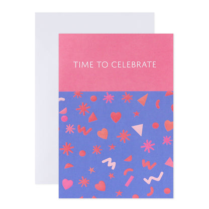 Connections from Hallmark Birthday Card - Time To Celebrate featuring colourful patterns of hearts, stars, and shapes, flat lay view with kraft envelope.