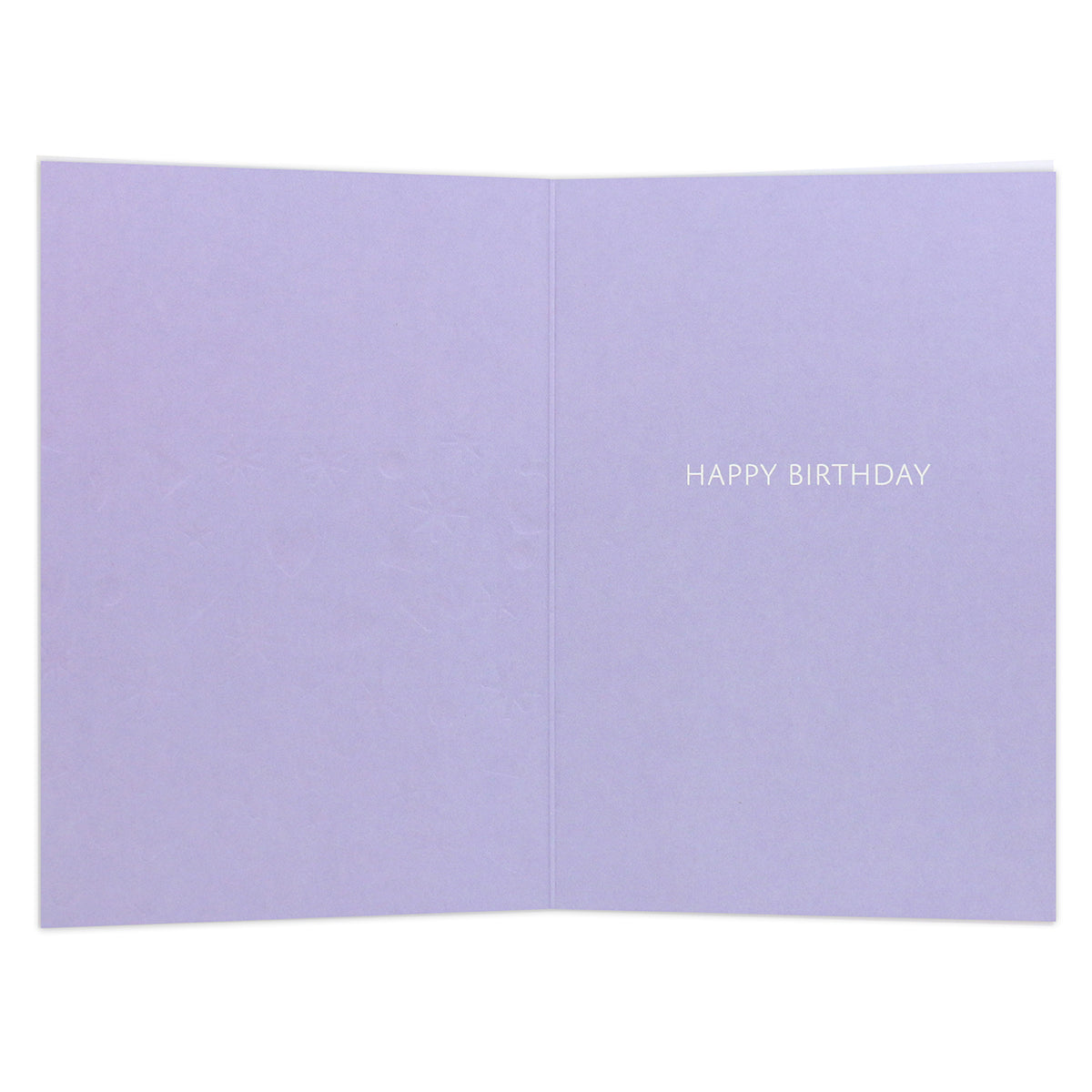 Connections from Hallmark Birthday Card - Time To Celebrate, inside view, featuring a smooth purple background and embossed 'HAPPY BIRTHDAY' message.