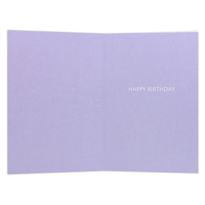 Connections from Hallmark Birthday Card - Time To Celebrate, inside view, featuring a smooth purple background and embossed 'HAPPY BIRTHDAY' message.