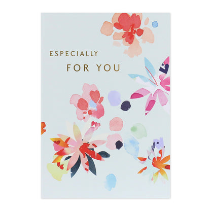 Connections from Hallmark Birthday Card - Especially For You, colourful floral design with gold foil text, front view.