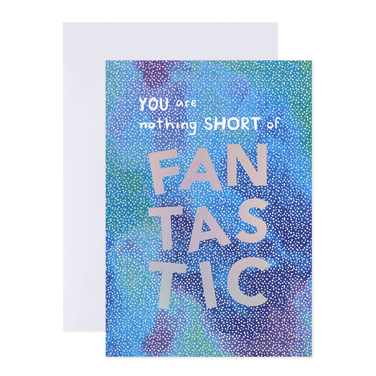 Connections from Hallmark Birthday Card - Nothing Short Of Fantastic featuring colourful blue and green design with silver holographic letters, flat lay view.
