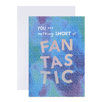 Connections from Hallmark Birthday Card - Nothing Short Of Fantastic featuring colourful blue and green design with silver holographic letters, flat lay view.
