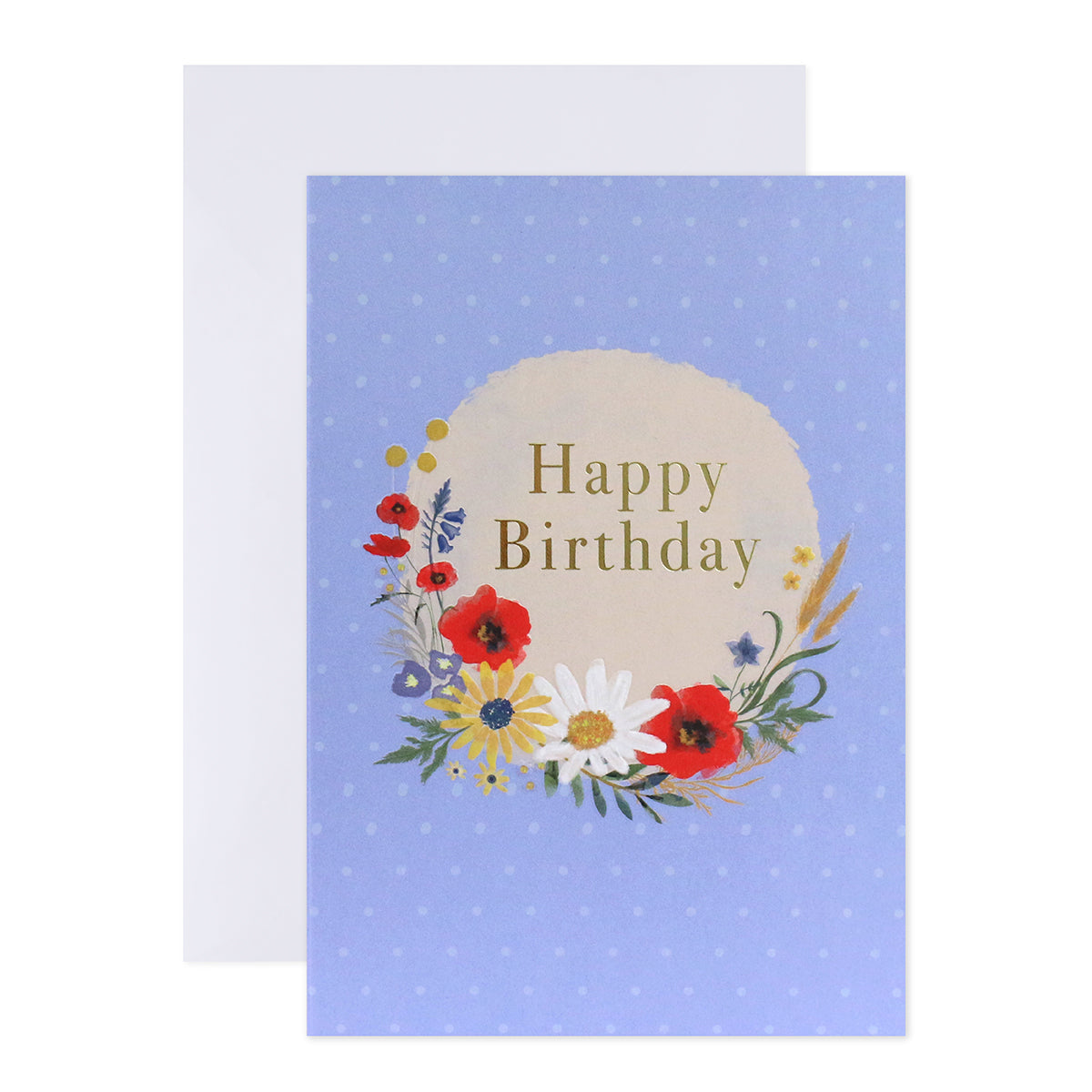 Connections from Hallmark Birthday Card - Colourful Flowers featuring floral illustrations and gold foil text on a blue background.