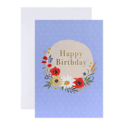 Connections from Hallmark Birthday Card - Colourful Flowers featuring floral illustrations and gold foil text on a blue background.