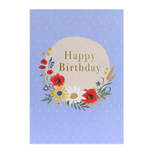 Connections from Hallmark Birthday Card - Colourful Flowers, featuring floral illustrations and gold foil text on blue background, flat lay