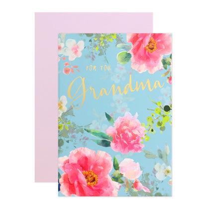Connections from Hallmark Birthday Card For Grandma - With Love features vibrant pink flowers, gold foil lettering, and a coordinating pink envelope.