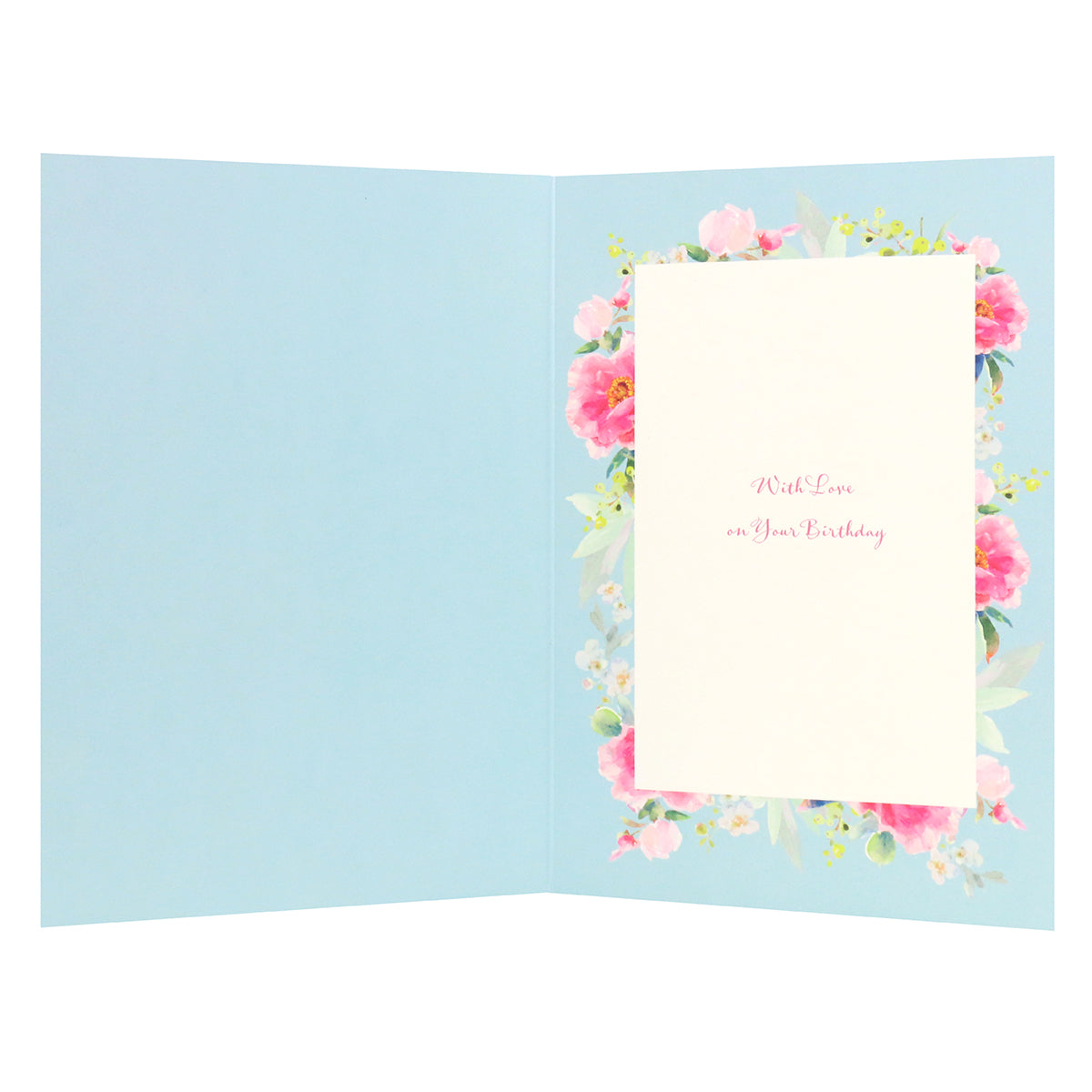 Connections from Hallmark Birthday Card For Grandma - With Love, open inside view featuring floral border and text on a light blue background.