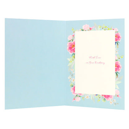 Connections from Hallmark Birthday Card For Grandma - With Love, open inside view featuring floral border and text on a light blue background.