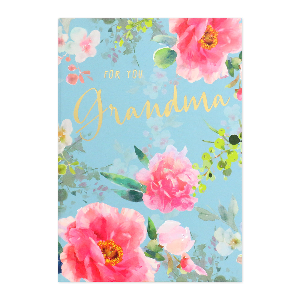 Connections from Hallmark Birthday Card For Grandma - With Love featuring pink flowers, gold foil text on a blue background, flat view.