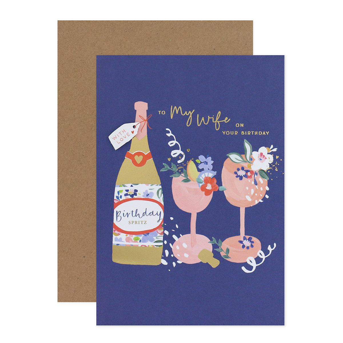 Connections from Hallmark Birthday Card For Wife - Very Special with floral wine bottle and glasses on navy background, 3D plaque detail.