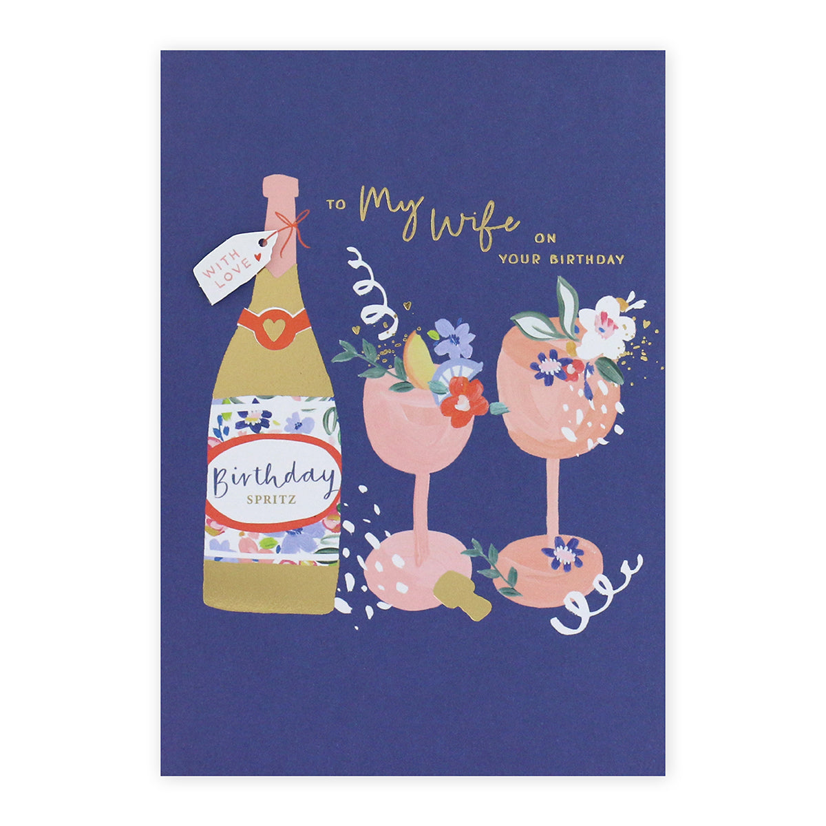 Connections from Hallmark Birthday Card For Wife - Very Special with wine bottle and floral glasses on navy background.