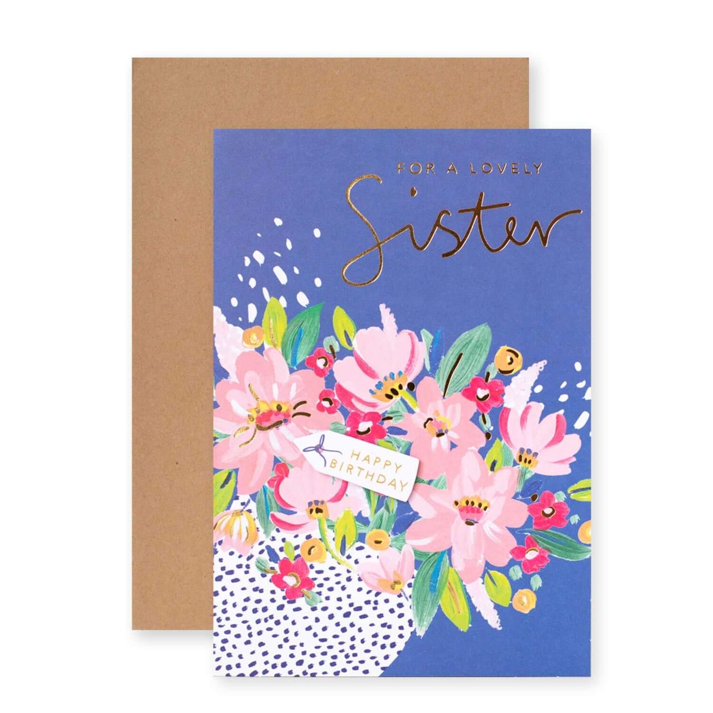 Connections from Hallmark Sister Birthday Card - Illustrative Flowers featuring floral design and gold foil on blue background, with Kraft envelope.