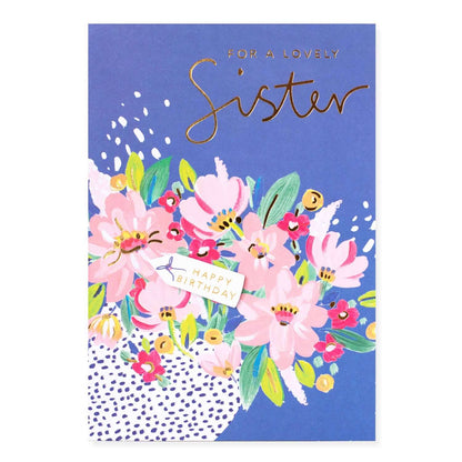 Connections from Hallmark Sister Birthday Card - Illustrative Flowers, floral design, gold foil text, flat lay view