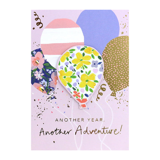 Connections from Hallmark Birthday Card - Another Year, Another Adventure with patterned balloons and gold foil details