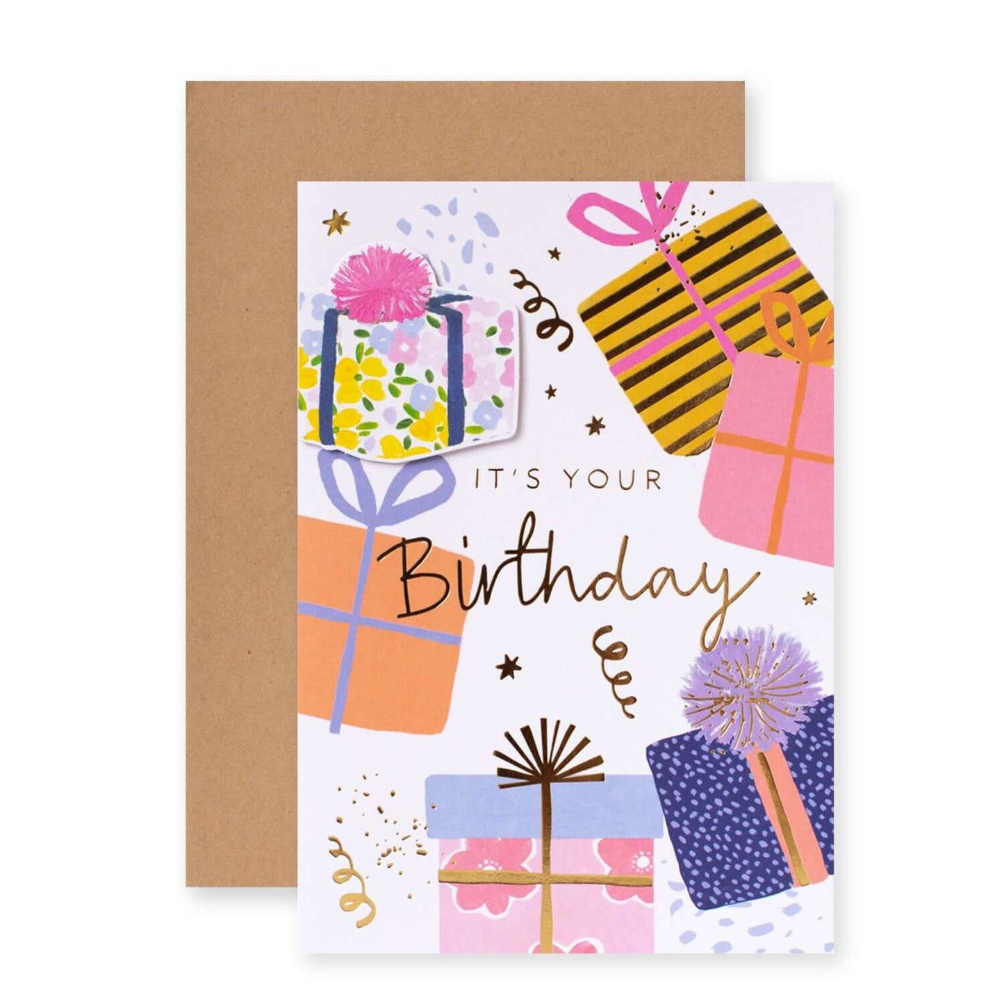 Connections from Hallmark Birthday Card - Presents featuring colourful wrapped gifts and gold foil text, with Kraft envelope.