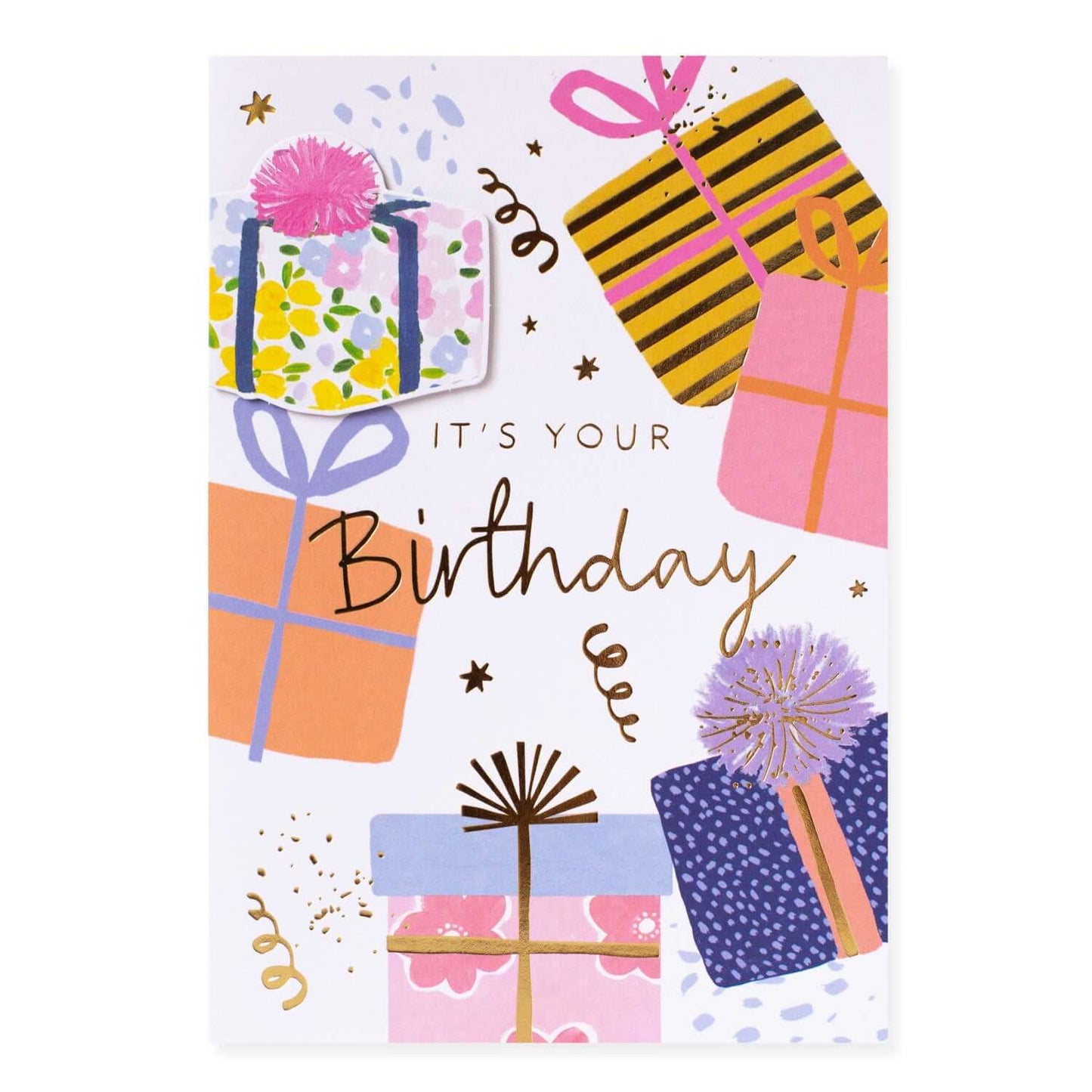 Connections from Hallmark Birthday Card - Presents featuring colourful gift boxes, gold foiled text, and festive designs.