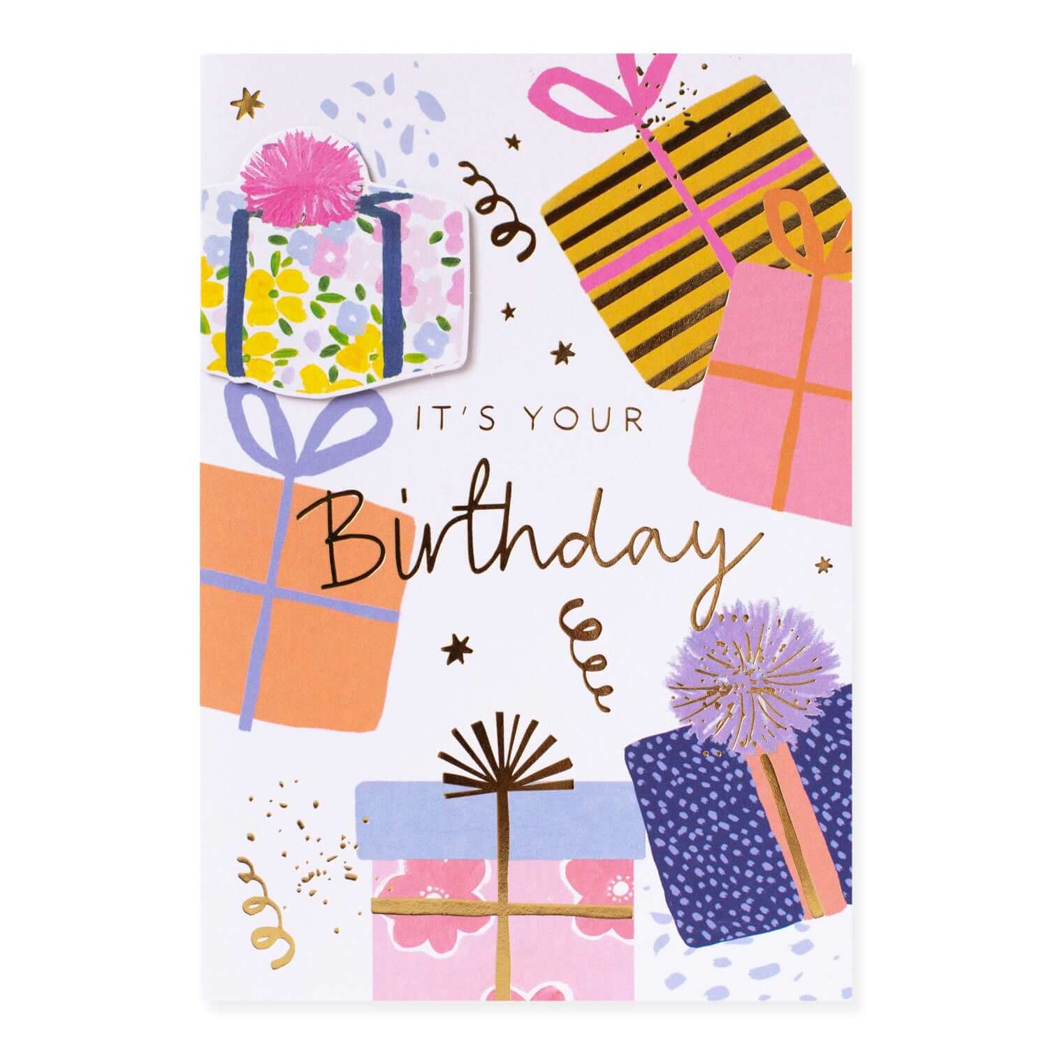 Connections from Hallmark Birthday Card - Presents featuring colourful gift boxes, gold foiled text, and festive designs.