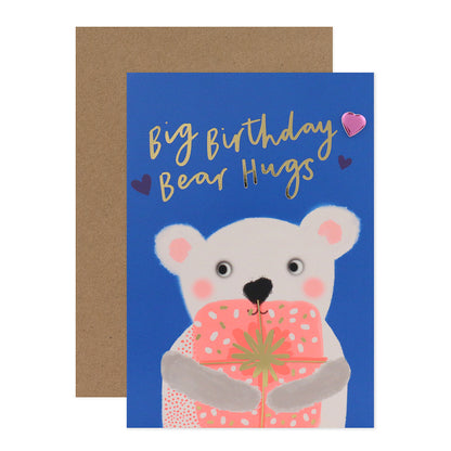 Connections from Hallmark Birthday Card - Big Bear Hugs featuring a bear with a gift on a blue background and a pink foil heart.
