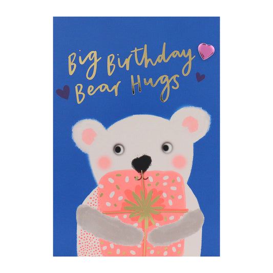 Connections from Hallmark Birthday Card - Big Bear Hugs featuring a bear illustration holding a pink gift on a blue background.