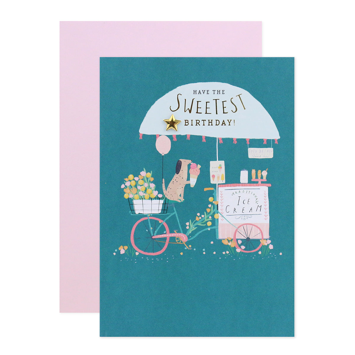 Connections from Hallmark Birthday Card - Sweetest Day featuring a dog at an ice cream cart, with gold foil highlights and star attachment.