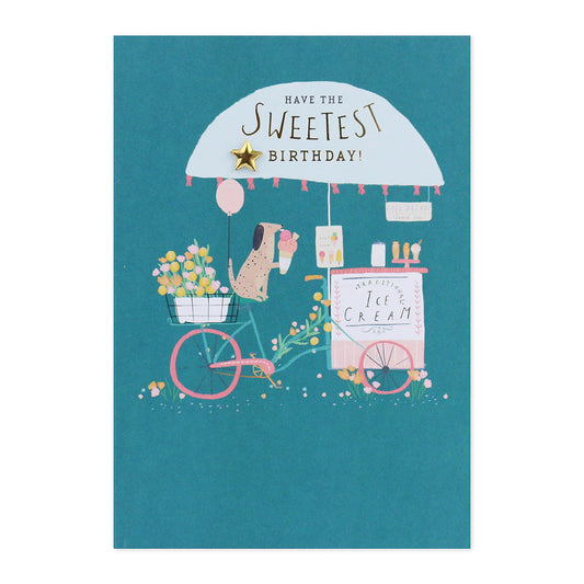 Connections from Hallmark Birthday Card - Sweetest Day, illustrated dog at ice cream cart, gold foil highlights, colourful design.