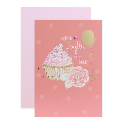 Connections from Hallmark Birthday Card For Daughter - Cupcake features a cupcake illustration, gold foil accents, and a pink background.