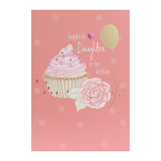 Connections from Hallmark Birthday Card For Daughter - Cupcake featuring a cupcake illustration, pink foil heart, and gold balloon on a pink background.