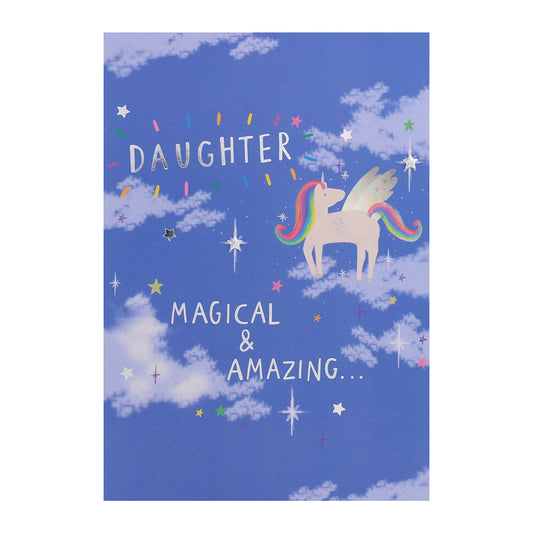 Connections from Hallmark Birthday Card For Daughter - Magical & Amazing featuring a unicorn illustration against cloudy blue background.