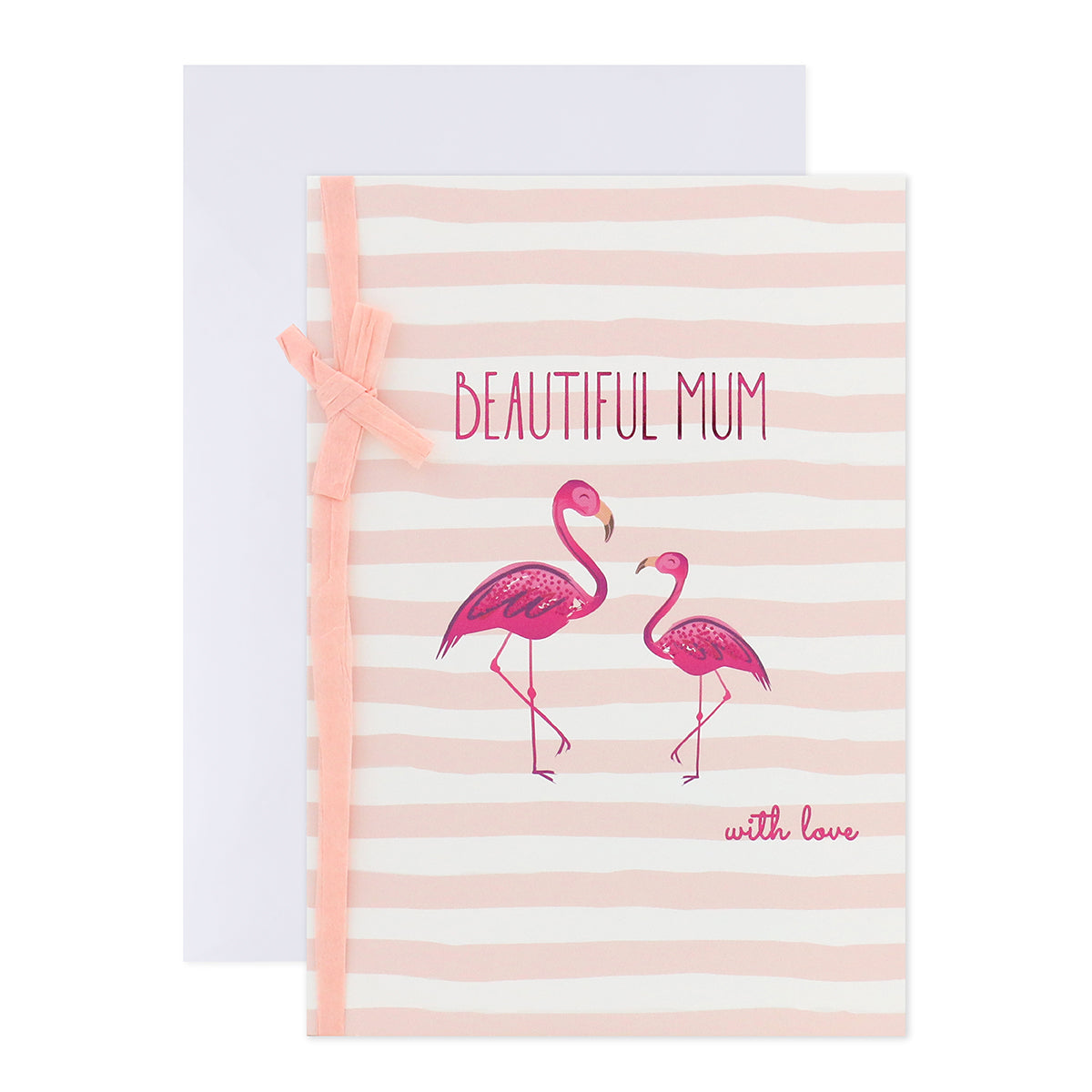 Connections from Hallmark Birthday Card For Mum - Fabulous In Every Way with pink flamingo illustration and ribbon detail on striped background.