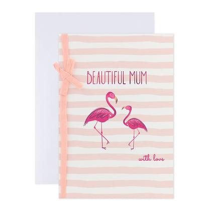 Connections from Hallmark Birthday Card For Mum - Fabulous In Every Way with pink flamingo illustration and ribbon detail on striped background.