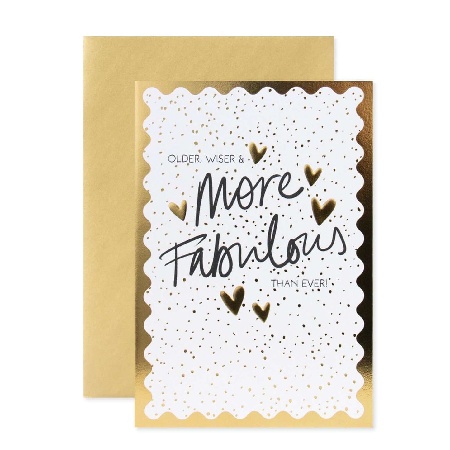 Connections from Hallmark Birthday Card - Older, Wiser & More Fabulous Than Ever, featuring gold foiled detail with hearts, flat lay presentation.