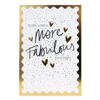 Connections from Hallmark Birthday Card - Older, Wiser & More Fabulous Than Ever, featuring gold foiled accents and playful hearts, front view.