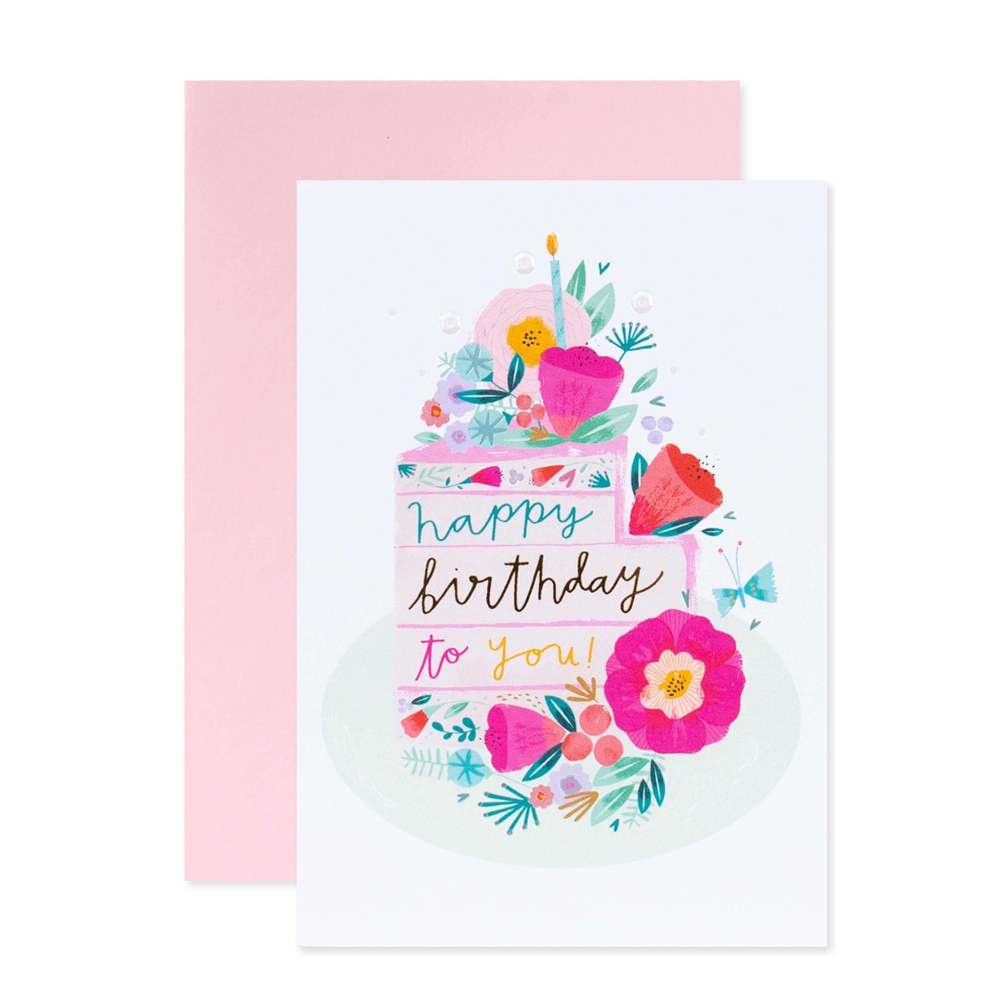 Connections from Hallmark Birthday Card - Floral Cake with bright illustration, featuring a pink envelope, dimensions 11.9cm x 17.3cm.