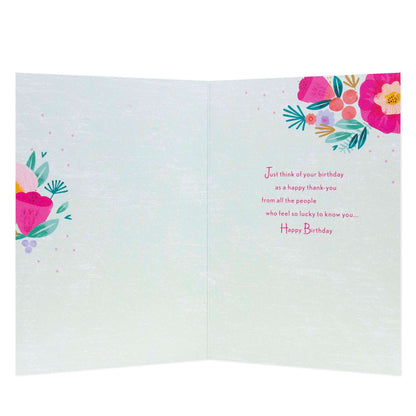Connections from Hallmark Birthday Card - Floral Cake, inside view, featuring colourful floral designs and birthday message, 17.3cm x 11.9cm.