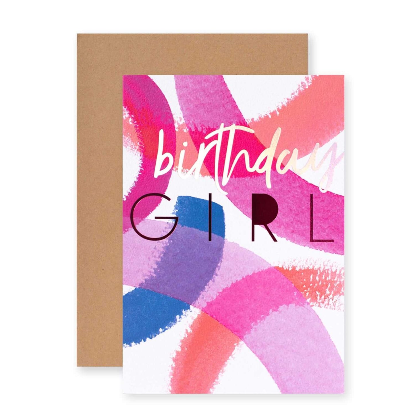 Connections from Hallmark Birthday Card - Contemporary Birthday Girl with vibrant watercolour strokes in pinks and purples, accompanied by a Kraft envelope.