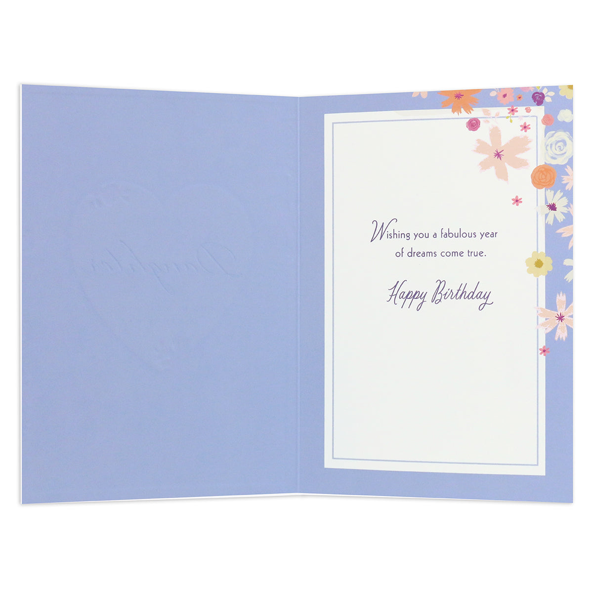 Connections from Hallmark Birthday Card For Daughter - Wonderful In Every Way featuring colourful floral designs inside with birthday wishes and purple background.