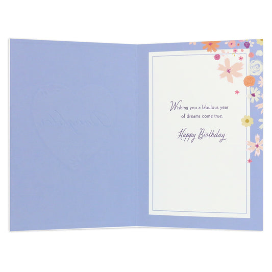 Connections from Hallmark Birthday Card For Daughter - Wonderful In Every Way featuring colourful floral designs inside with birthday wishes and purple background.