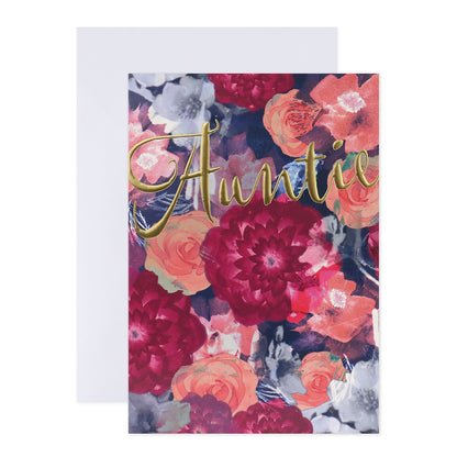 Connections from Hallmark Birthday Card For Auntie - Florals with gold foil lettering and vibrant floral design, flat lay view.