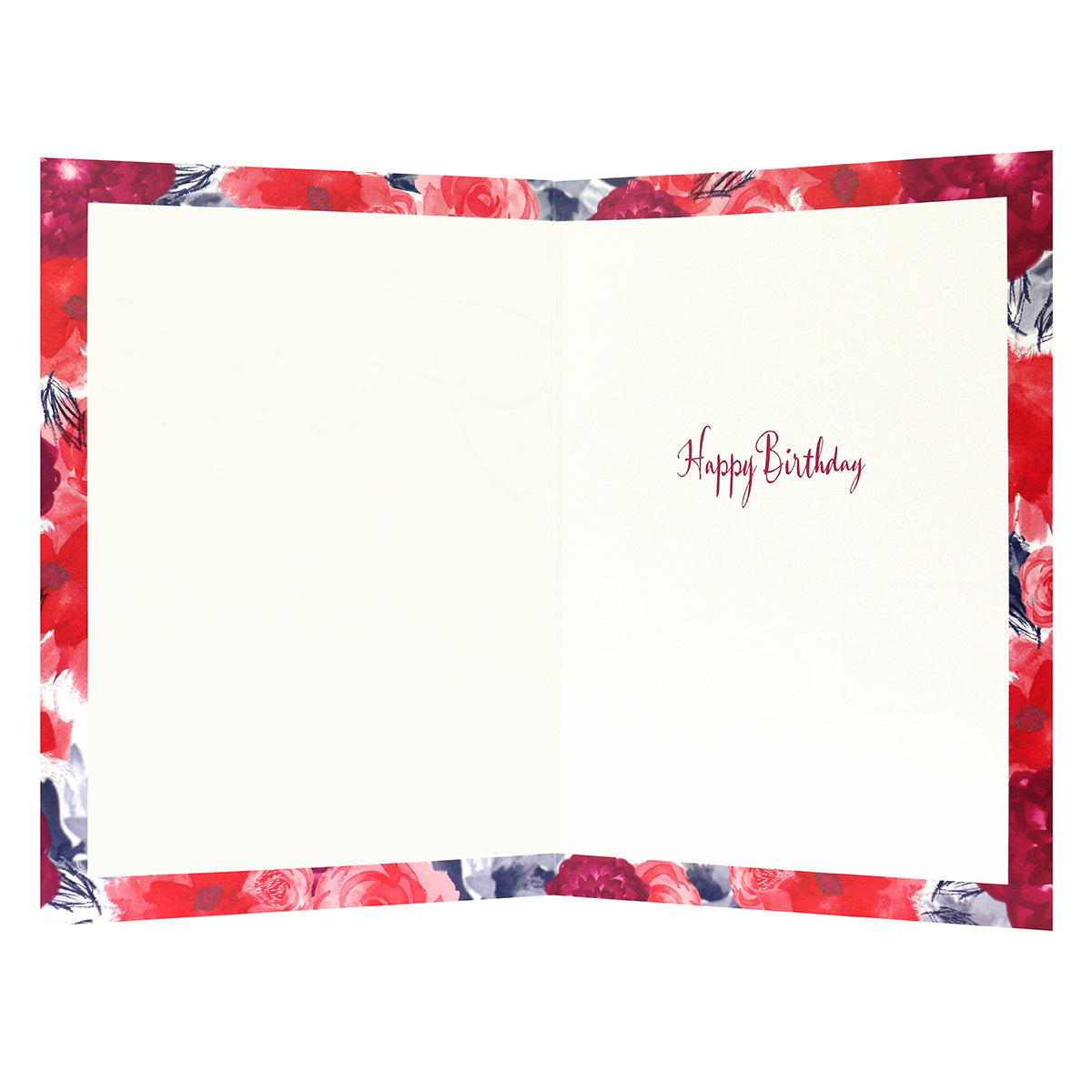Connections from Hallmark Birthday Card For Auntie - Florals, inside view showing floral border and handwritten 'Happy Birthday' text in red.