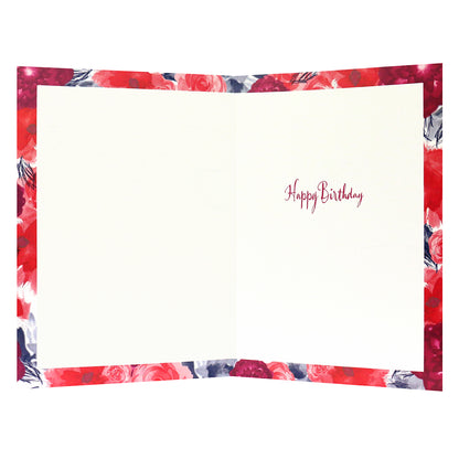 Connections from Hallmark Birthday Card For Auntie - Florals, inside view showing floral border and handwritten 'Happy Birthday' text in red.