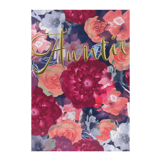 Connections from Hallmark Birthday Card For Auntie - Florals featuring gold foil text and vibrant floral designs on a dark background.