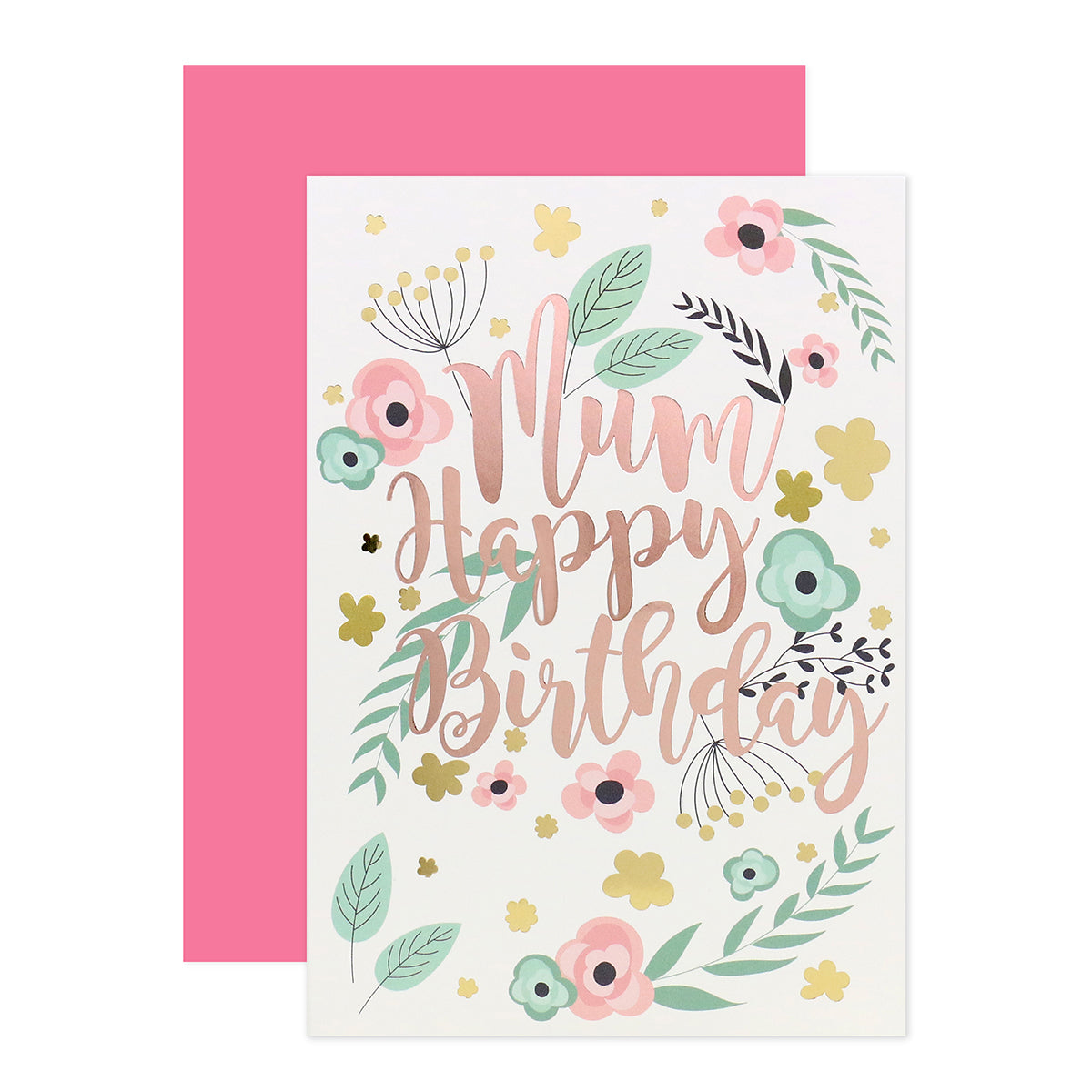 Connections from Hallmark Birthday Card For Mum - Love & Wishes, floral design with gold foil accents and pink envelope.