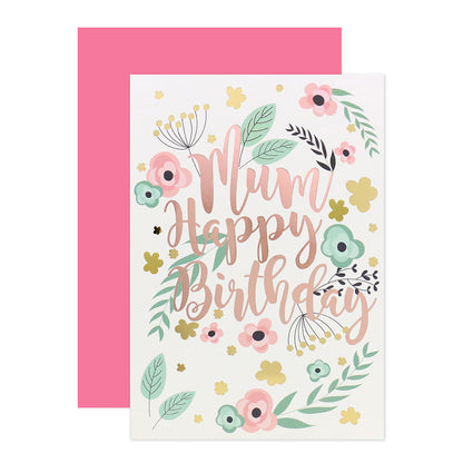 Connections from Hallmark Birthday Card For Mum - Love & Wishes, floral design with gold foil accents and pink envelope.