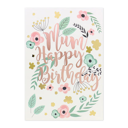 Connections from Hallmark Birthday Card For Mum - Love & Wishes features floral illustrations and rose gold lettering on a white background.