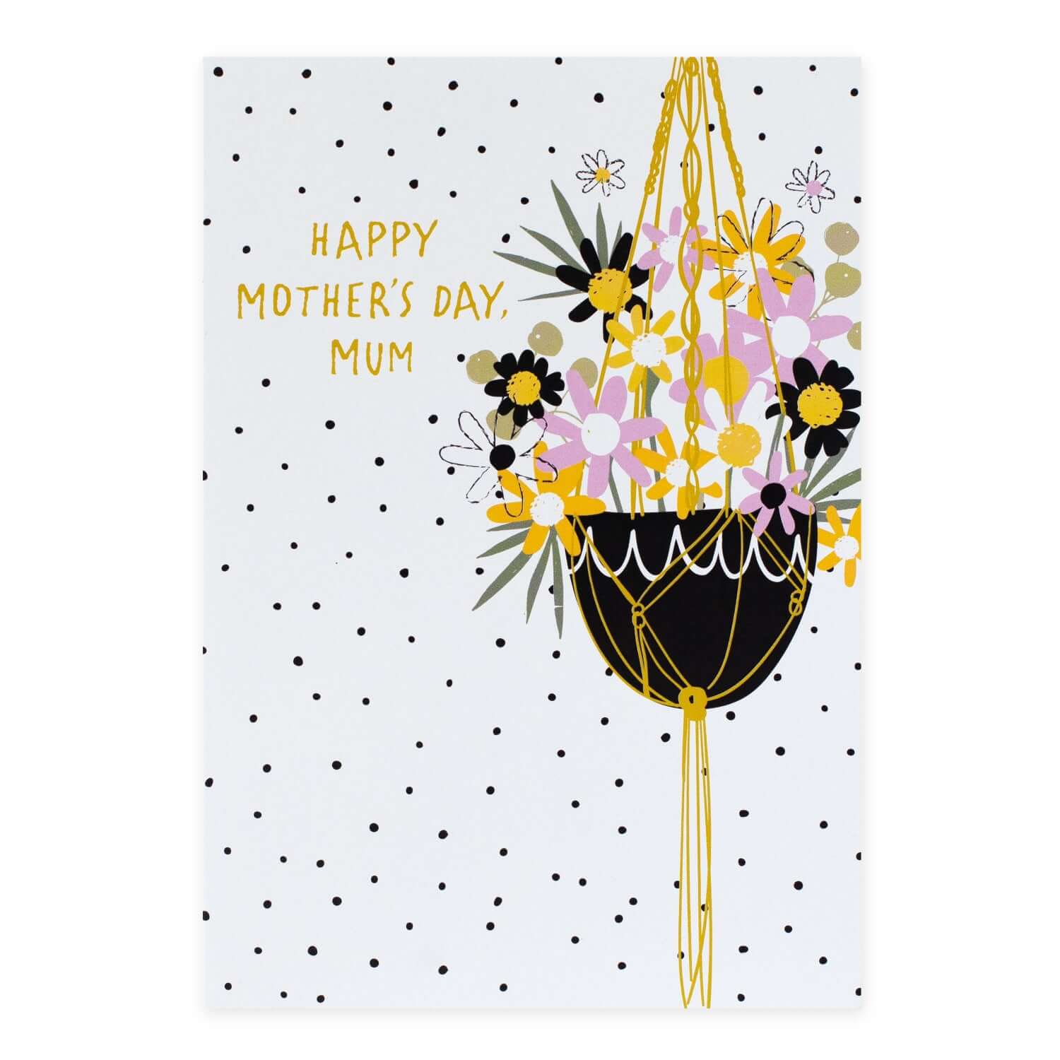 Hallmark Mother's Day Card - Happy Mother's Day Mum featuring a colourful hanging flower basket on a dotted background.