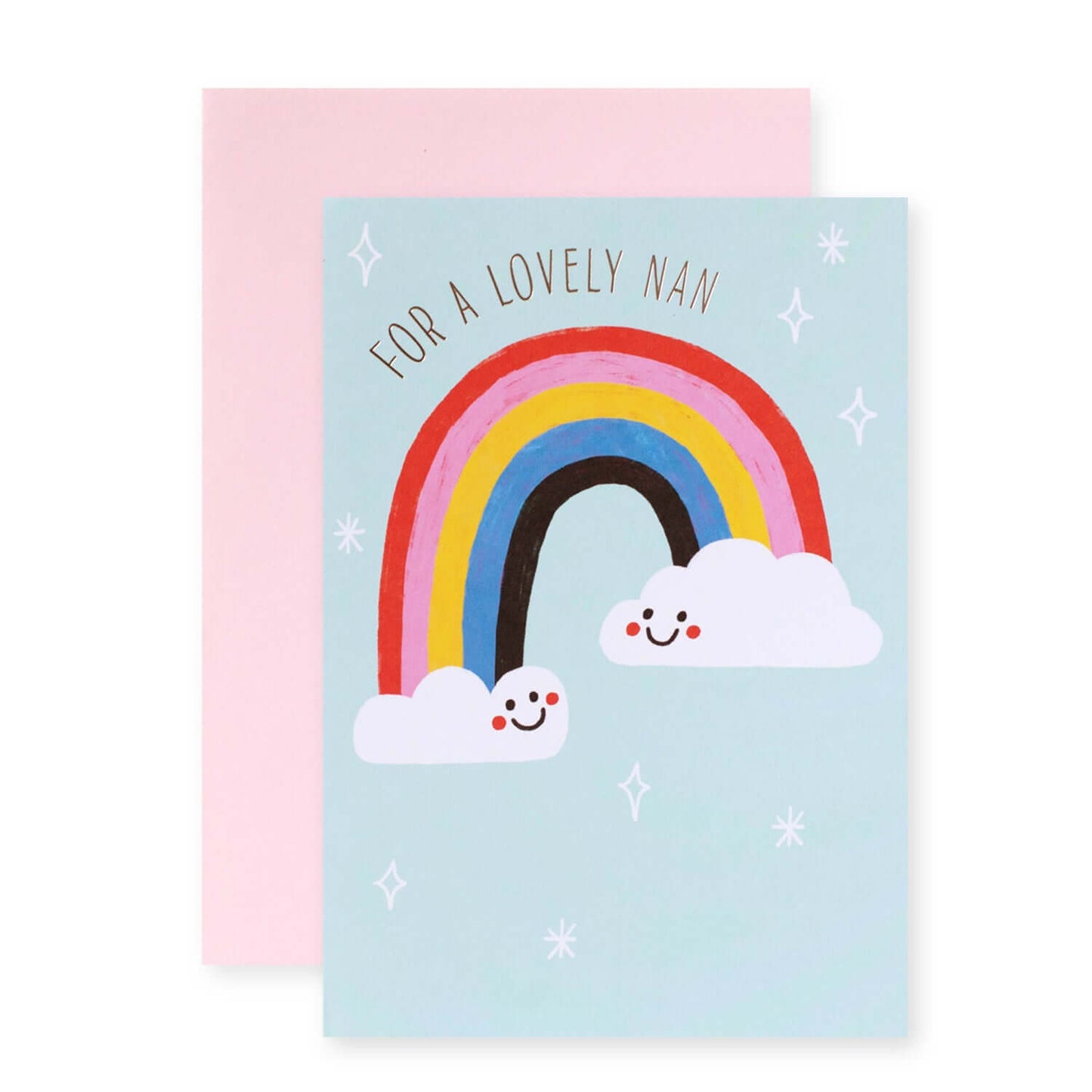 Hallmark Mother's Day Card - For a Lovely Nan featuring a colourful rainbow and cheerful clouds with a rose pink envelope.