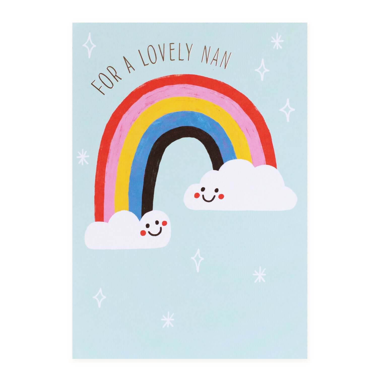 Hallmark Mother's Day Card - For a Lovely Nan, colourful design with a rainbow and cheerful clouds, flat lay view.