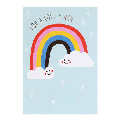 Hallmark Mother's Day Card - For a Lovely Nan, colourful design with a rainbow and cheerful clouds, flat lay view.