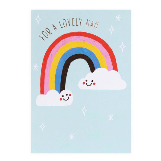 Hallmark Mother's Day Card - For a Lovely Nan, colourful design with a rainbow and cheerful clouds, flat lay view.